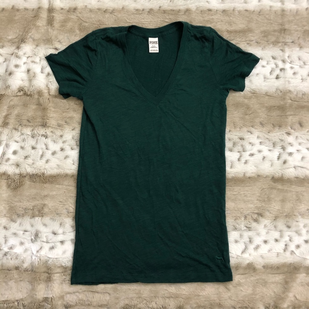 Pink VS Women Green V Neck Short Sleeve Tee S